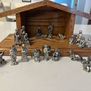 Silver Nativity Scene with Wooden Stable